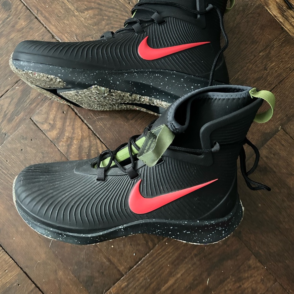Nike Black and Red High-Tops with Green Accents